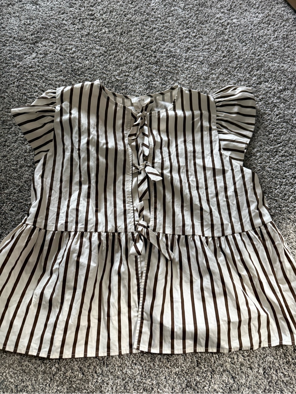 Striped Tie-Front Peplum Blouse in White and Brown